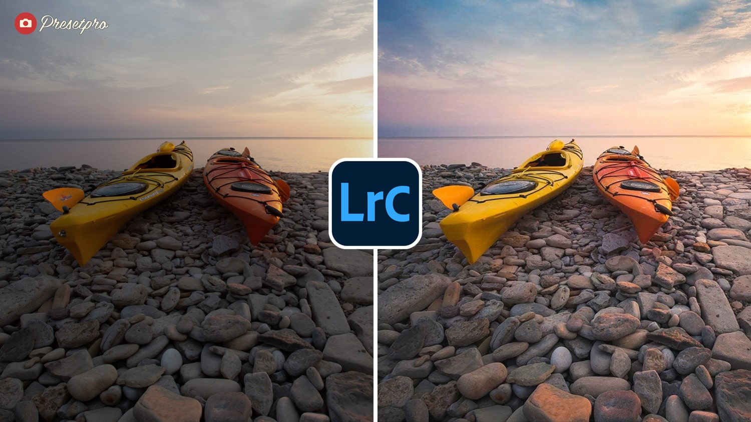 Free Lightroom Preset Beautiful Sunrise Before and After - Kayaks resting on stone beach at sunrise