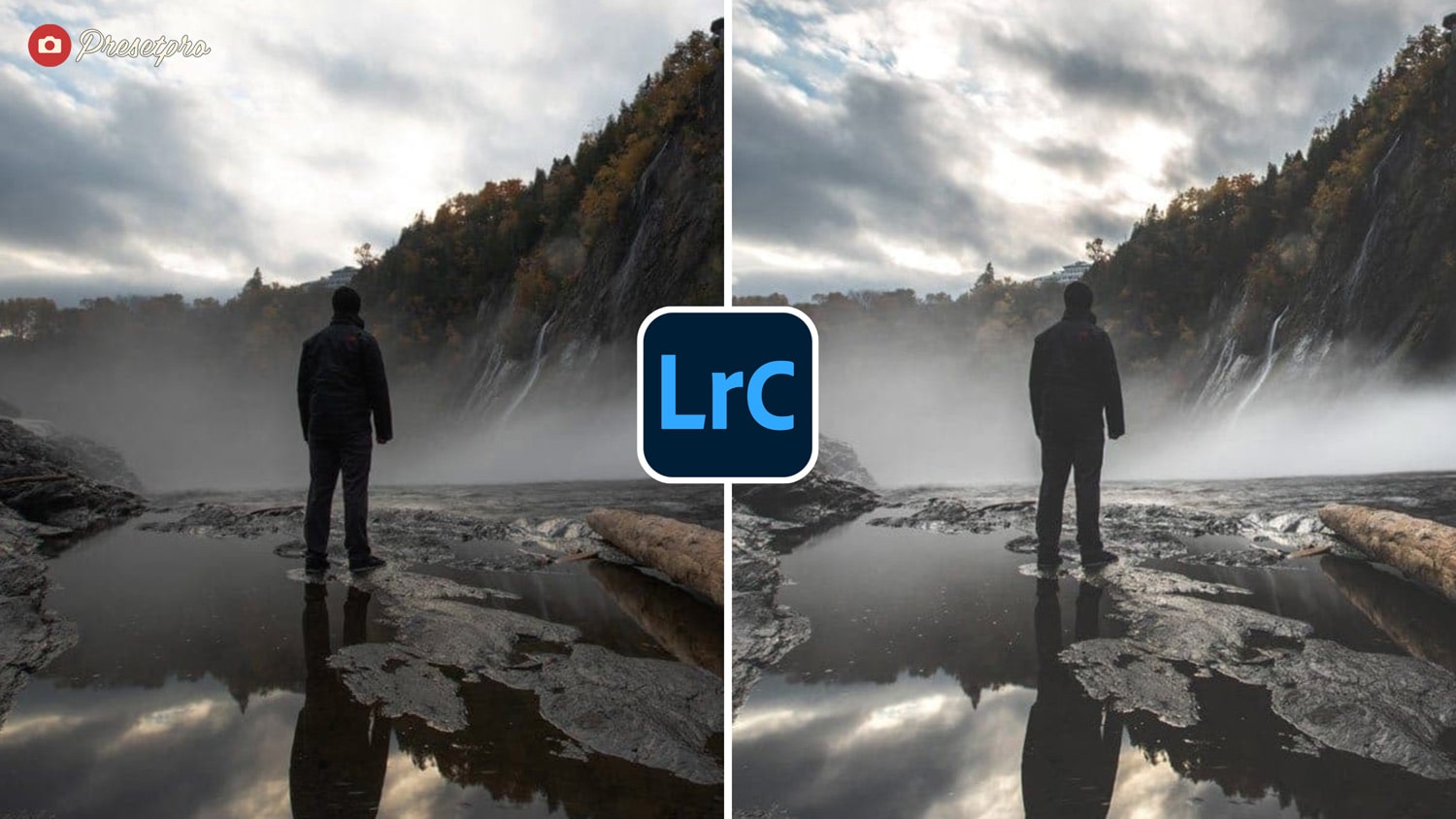 Free Lightroom Preset Driftwood Before and After - Man standing at the base of waterfall