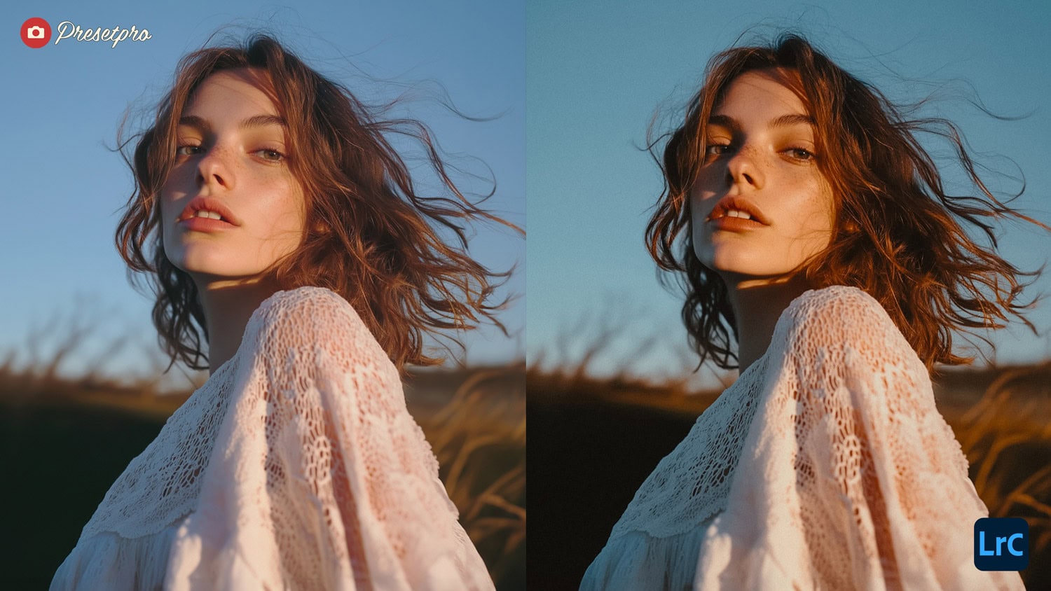 Before-and-after comparison of a portrait with the Kodak Gold 200 preset applied, with the Lightroom logo centered, highlighting the preset's impact on skin tones and overall warmth.
