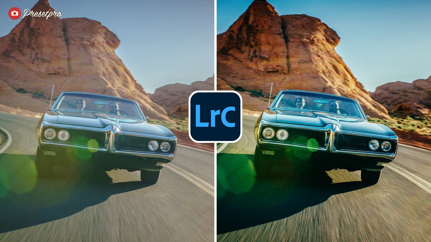 Free Lightroom Preset Roadrunner Before and After - Couple in muscle car driving through the desert