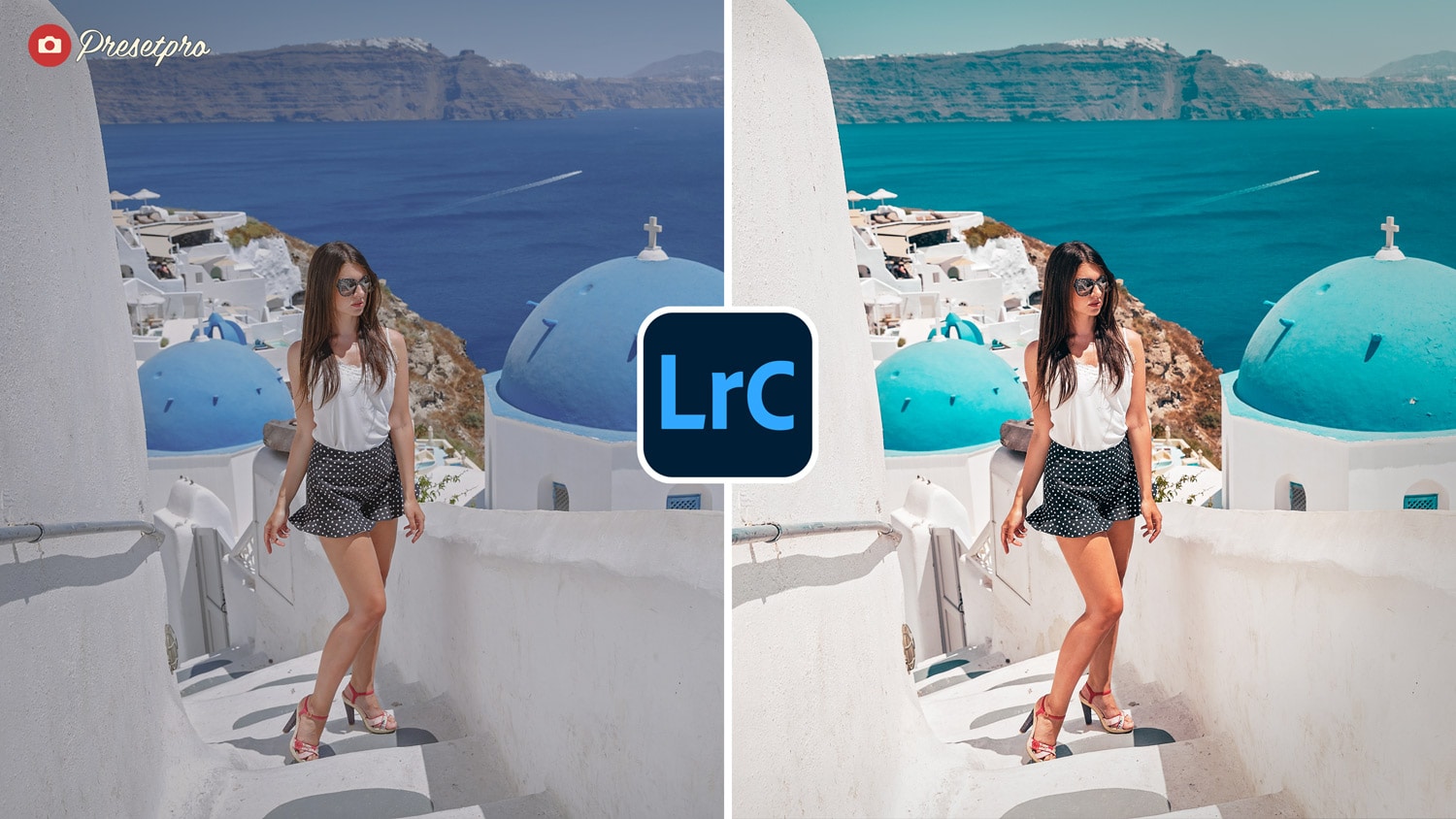 Free Lightroom Preset Polaroid Film Before and After - Girl walking walking in Santorini, Greece