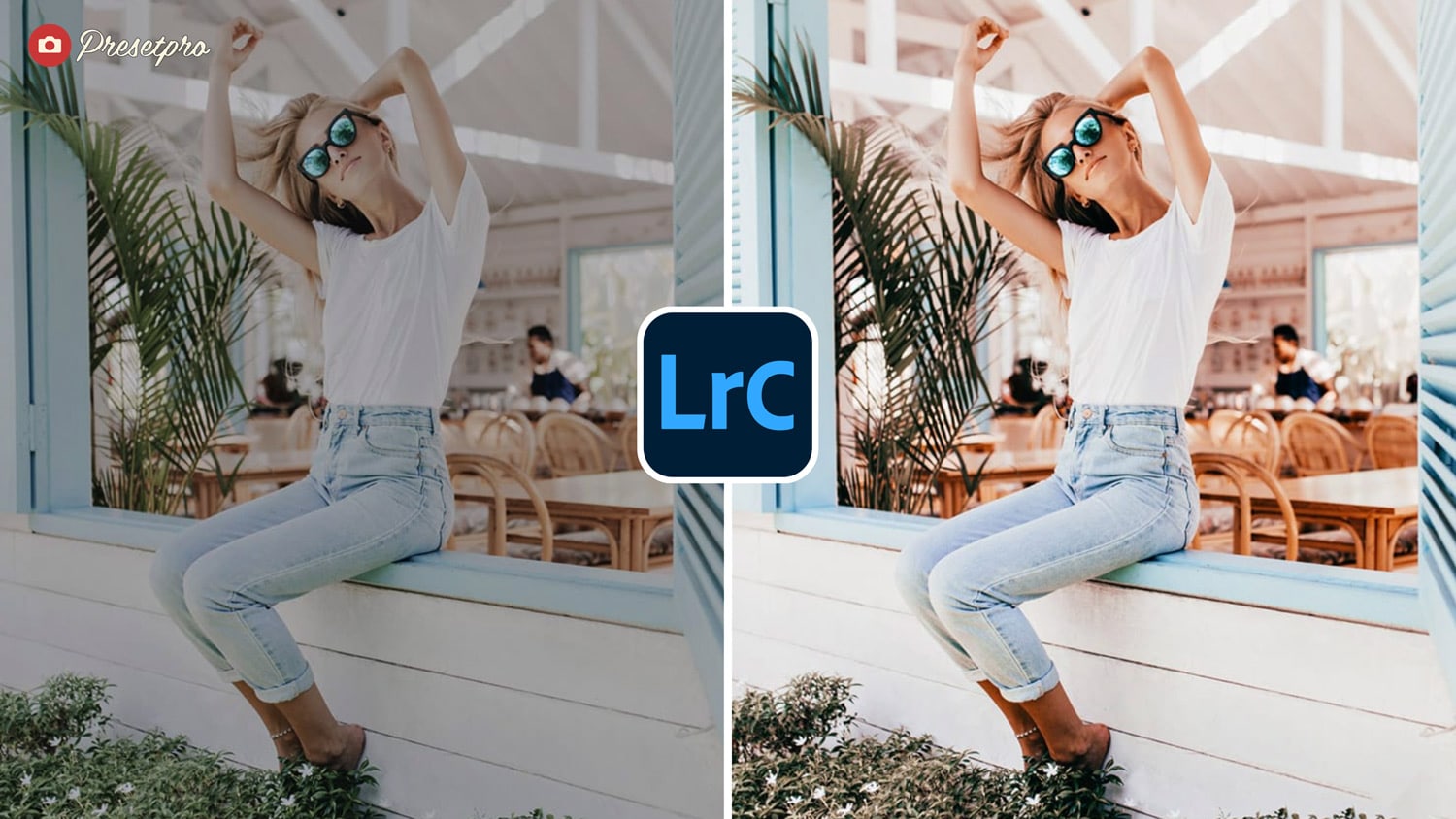 Free Lightroom Preset Insta Film Before and After - Blonde girl in tropical cafe.