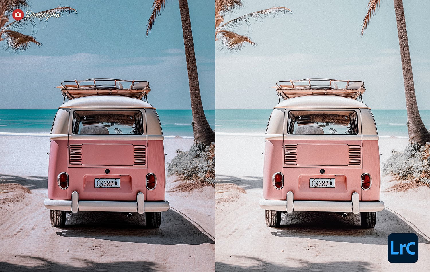 Free Lightroom Preset Boho Vibe Before and After of Pink Retro Van