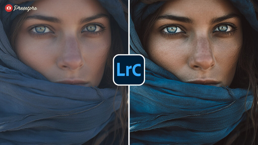 Free Lightroom Preset Morocco Before and After - Woman wearing a blue scarf in the desert