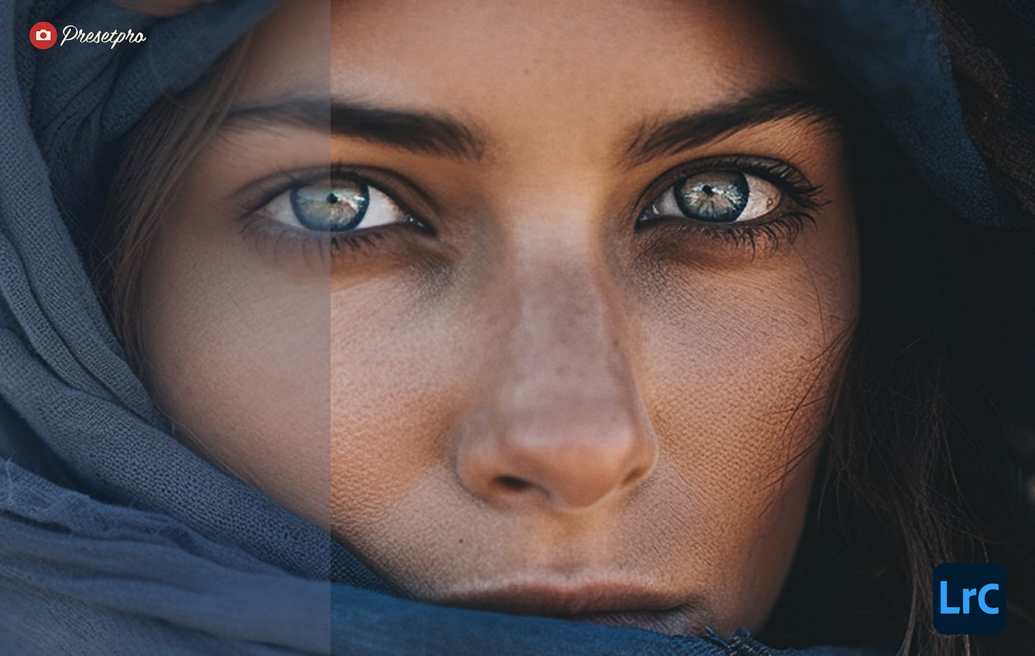 Woman in Morocco wearing a blue scarf, captured with deep, intense eyes.