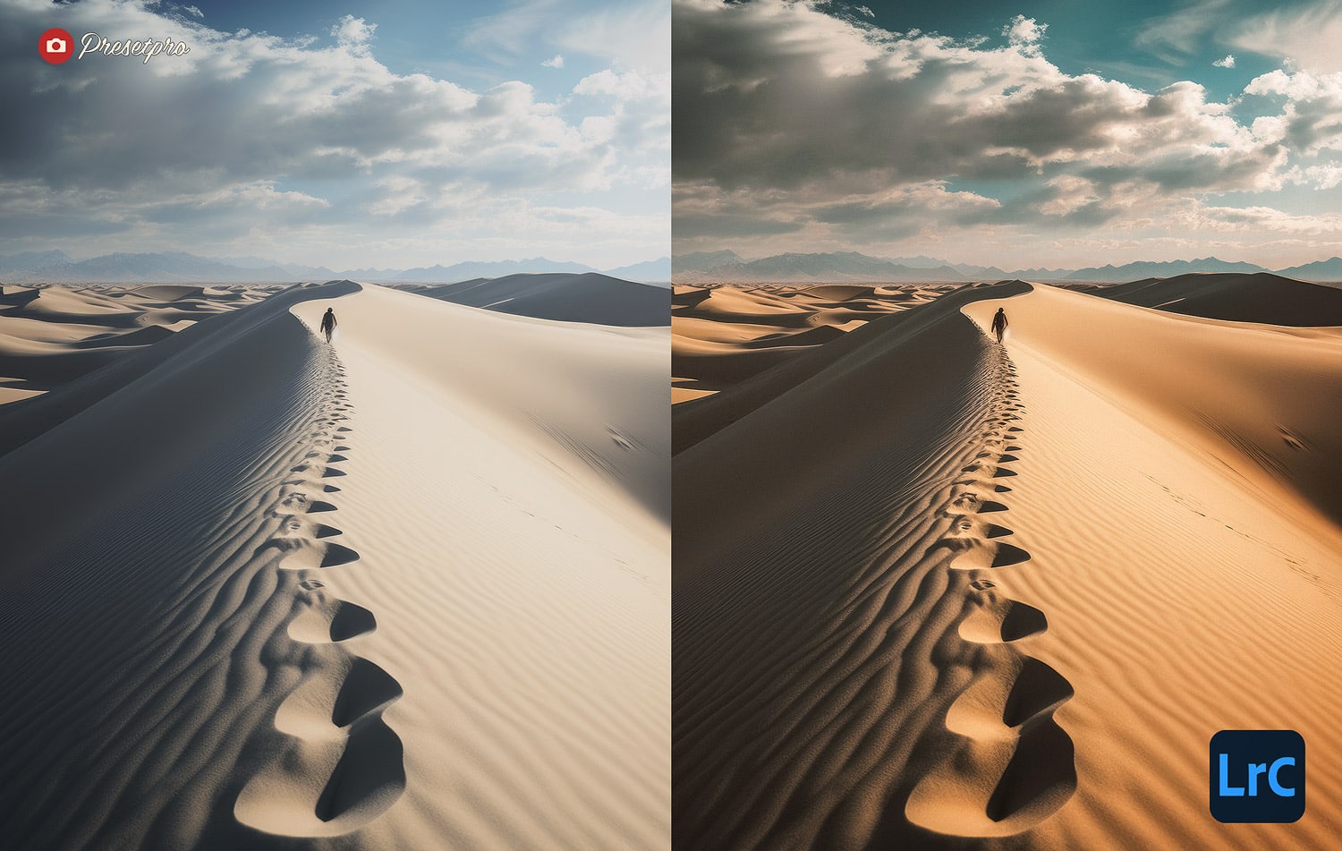 Distant silhouette of a man in the desert with a trail of solitary footprints