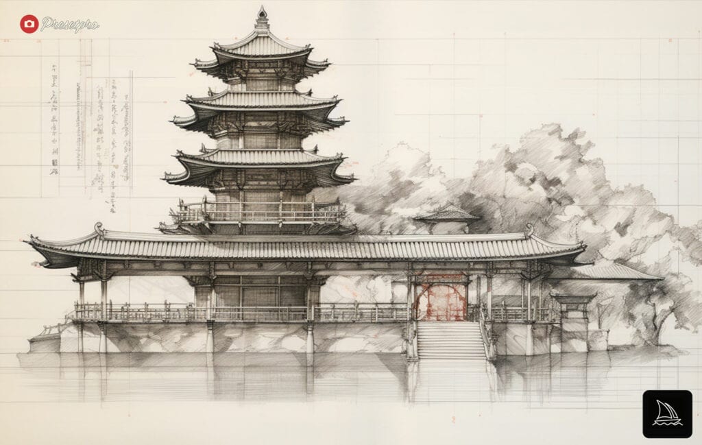 Architectural draft of a traditional Japanese pagoda on rice paper