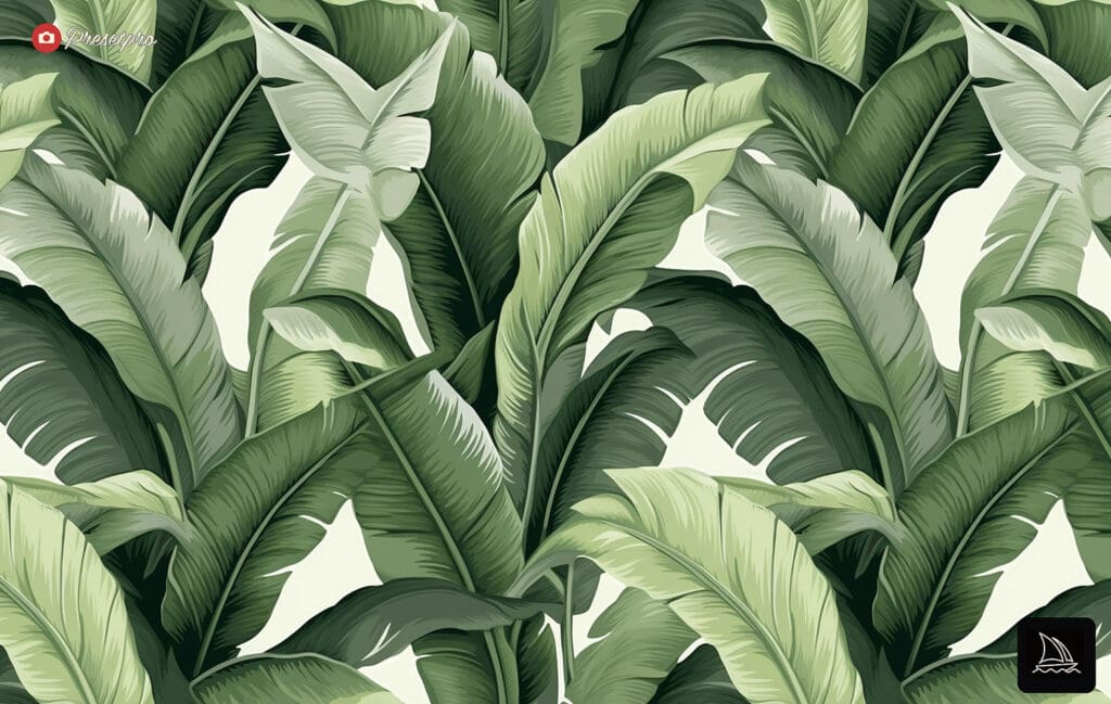 Seamless pattern of muted green banana leaves inspired by iconic hotel wallpapers