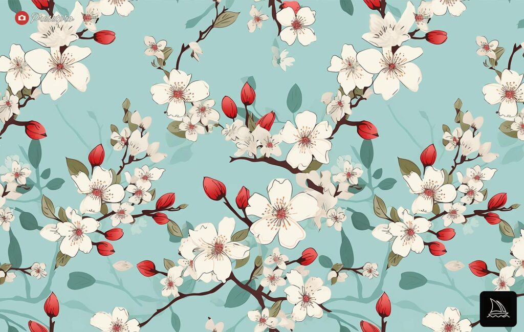 White and pink cherry blossoms in light teal and dark beige tones.