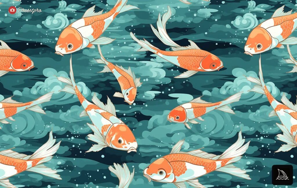 Koi fish art on graffiti background with light teal and orange hues.