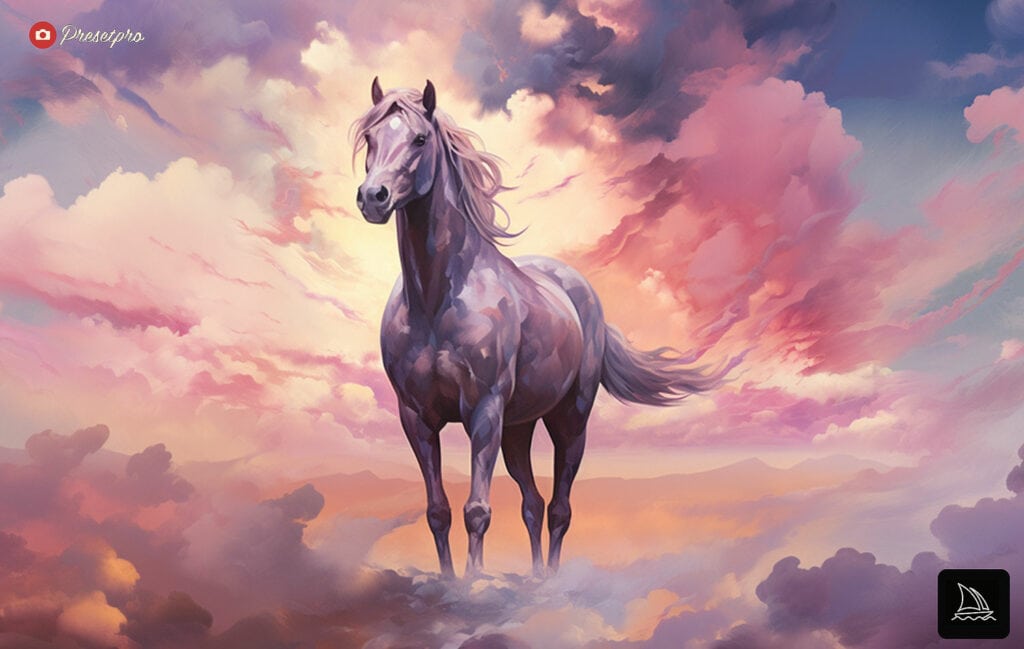 Impressionism horse beneath pastel skies and fluffy cloud.