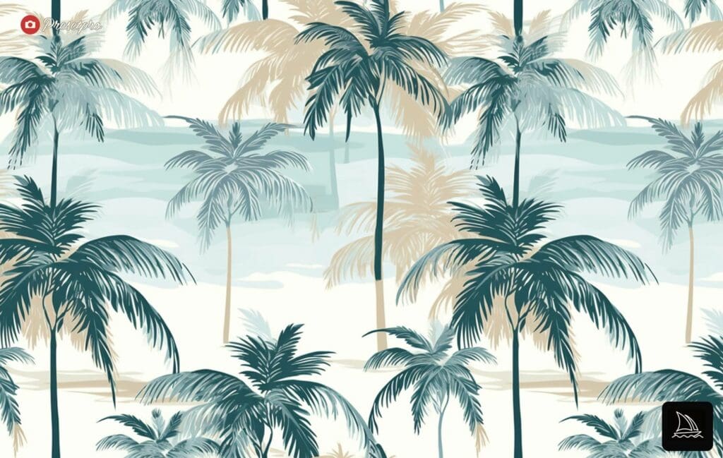 Tropical palm tree pattern on fabric in dark aquamarine and beige, set against a white backdrop