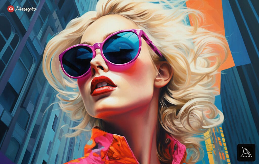 Woman in cityscape, blending Photorealism and Pop Art, echoing Andy Warhol