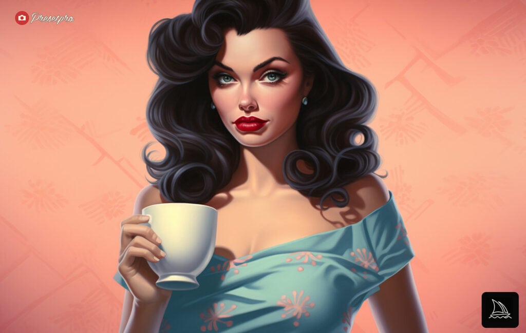 Vintage pin-up poster of a glamorous dark-haired woman holding a coffee cup.