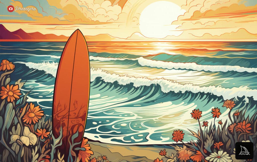 Art Nouveau image of California's iconic surf culture.