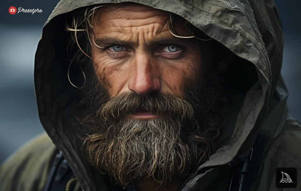 Close-up portrait of a man with a weather-beaten face reflecting the rough seascape behind him.