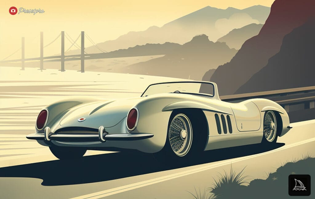 Art Nouveau styled poster of vintage car on winding road by the ocean during sunset.