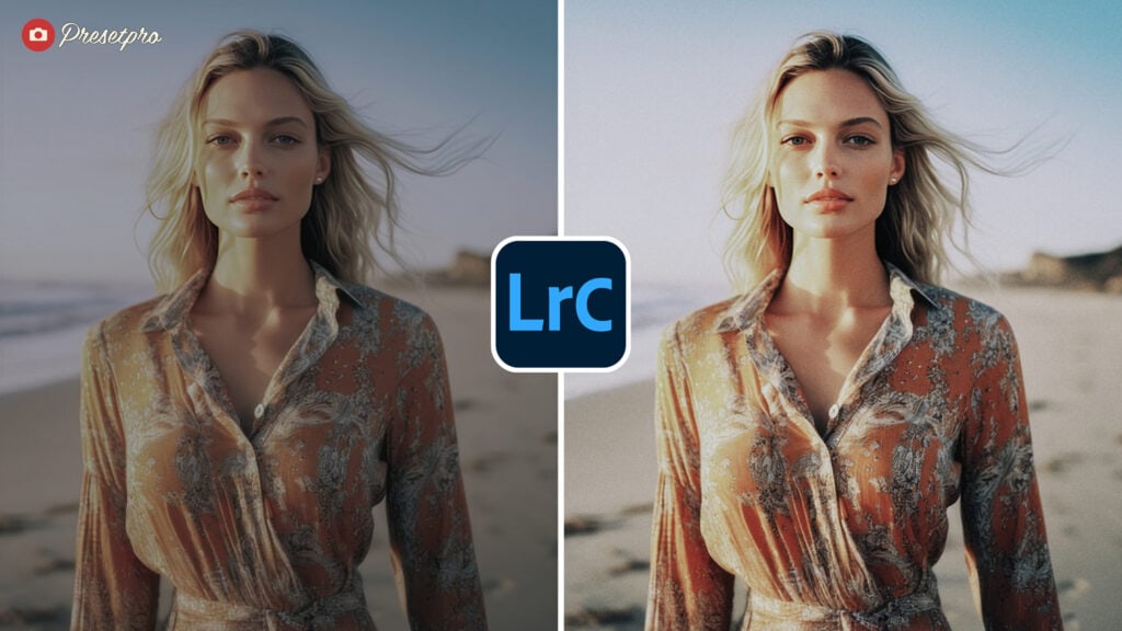 Free Lightroom Preset Portra 400 Before and After - Portrait of blonde woman on beach