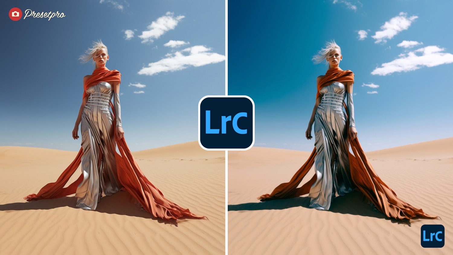 Free Lightroom Preset Superia 800 Before and After - Woman in desert wearing a silver suit