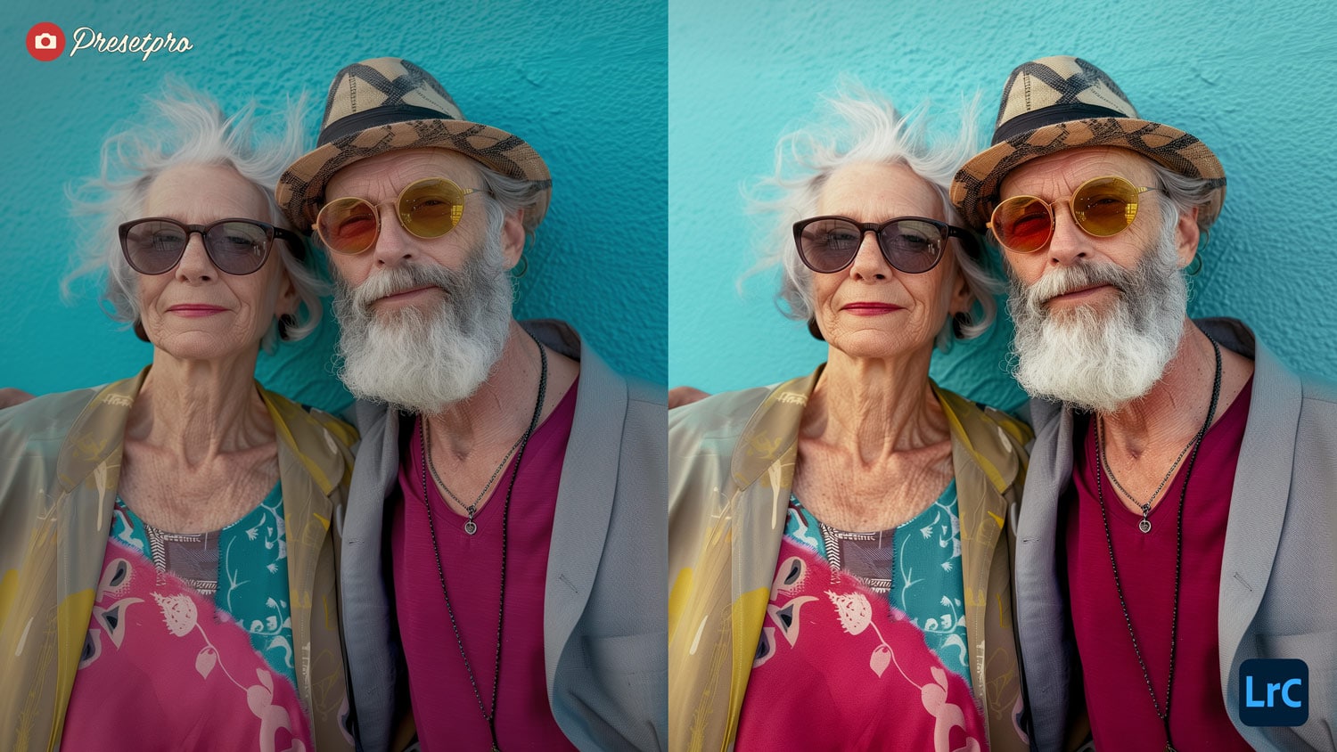 Fuji Sensia 100 Lightroom Preset transforms the image of an elderly couple, enhancing colors and details in their Side by Side outfits.